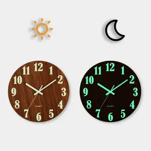12-16 inch dark brown luminous wall clock, vintage rural Tuscan luminous clock Large, silent without ticking, battery powered, suitable for bedroom, living room, kitchen, office decoration， men's room decor， office decor