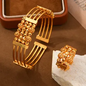 24k Gold Plated Elegant Jewelry Set, Copper Beaded Wedding Party Accessories, Includes Bracelet and Ring, Valentine's Day Gift, All Seasons