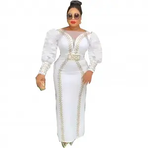 Rhinestone Sheer Belted Puff Balloon Sleeve Formal Wedding Evening Bodycon Formal Maxi Dress