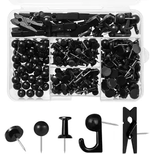 250 Count Black Push Pins Thumb Tacks Set, 5 Styles Office Accessories for Cork Board, Bulletin Board and Wall Map