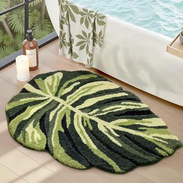 LUMI Leaf Bathroom Rugs Monstera, 23.5x31.5 Soft Fluffy Cute Bath Mat with Non Slip Backing, Washable Absorbent Bath Rug Quick Dry for Shower Floor, Toilet, Bedroom, Kids Room
