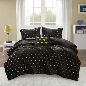 360 Stand Rosalie Hypoallergenic Polyester Plush Comforter Set - Full & Queen Size, Full Size Included, 86x90x1in, Metallic Hearts Print, Bright Casual Style, with Throw Pillow, Black & Gold