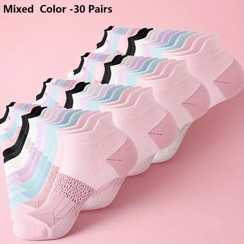 Women's 30-Pair Thin Candy-Colored Meshed Mid-Calf Socks - Color-Coded, Dry-Fit Earlift, Breathable, Sweat-Absorbent for Daily Wear & Outdoor Sports, 30 Pairs, Absorbent Liner Mid-Calf Socks, Anti-Sweat & Odor Mid-Calf Socks