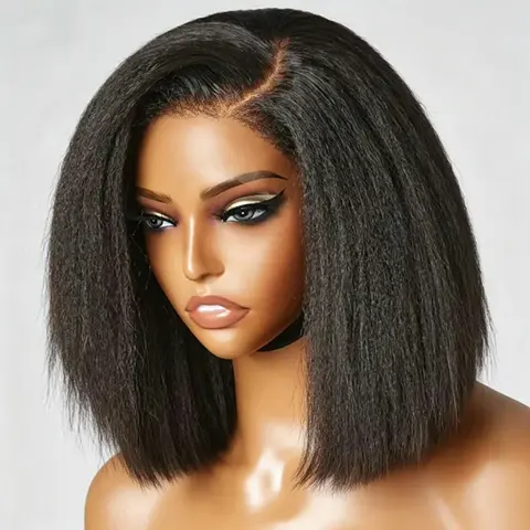 Simidola Female Glueless Kinky Straight Short Bob Wig, 7x5 HD Lace Human Hair Wig with Drawstring, Pre-cut, Bleached Knots, Adjustable, Beginner-Friendly Natural Hairline, Glueless Hair, Wigs Human Hair