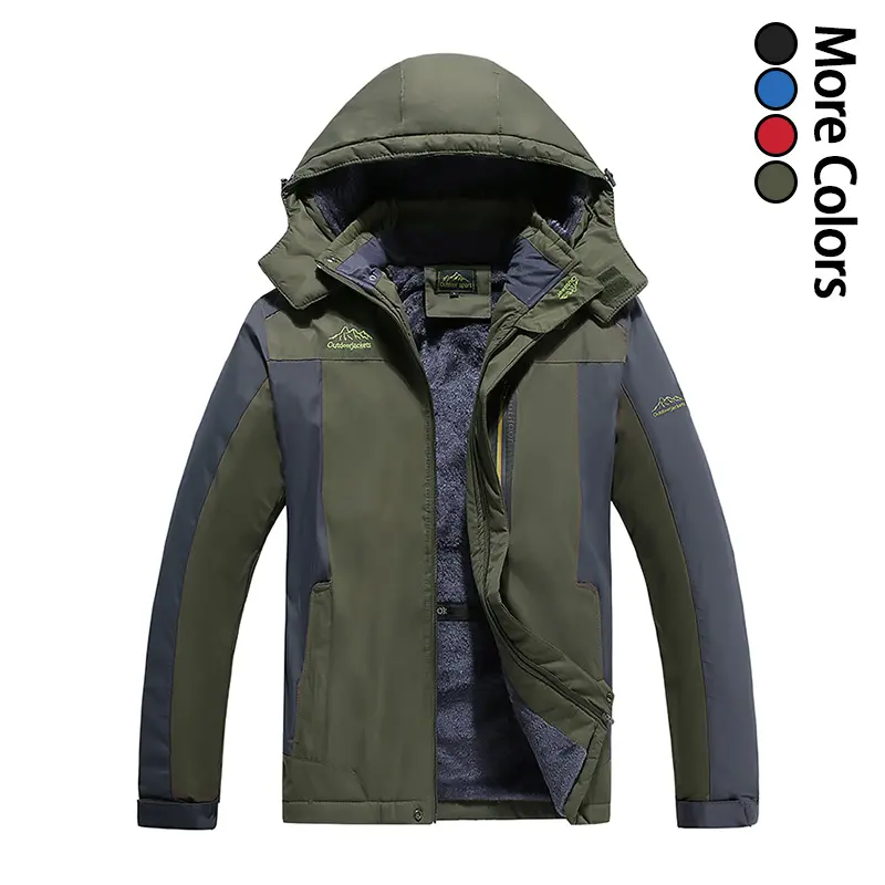 Men’s winter thick warm hooded windproof jacket with color-block design and plush lining, waterproof outdoor hiking outerwear