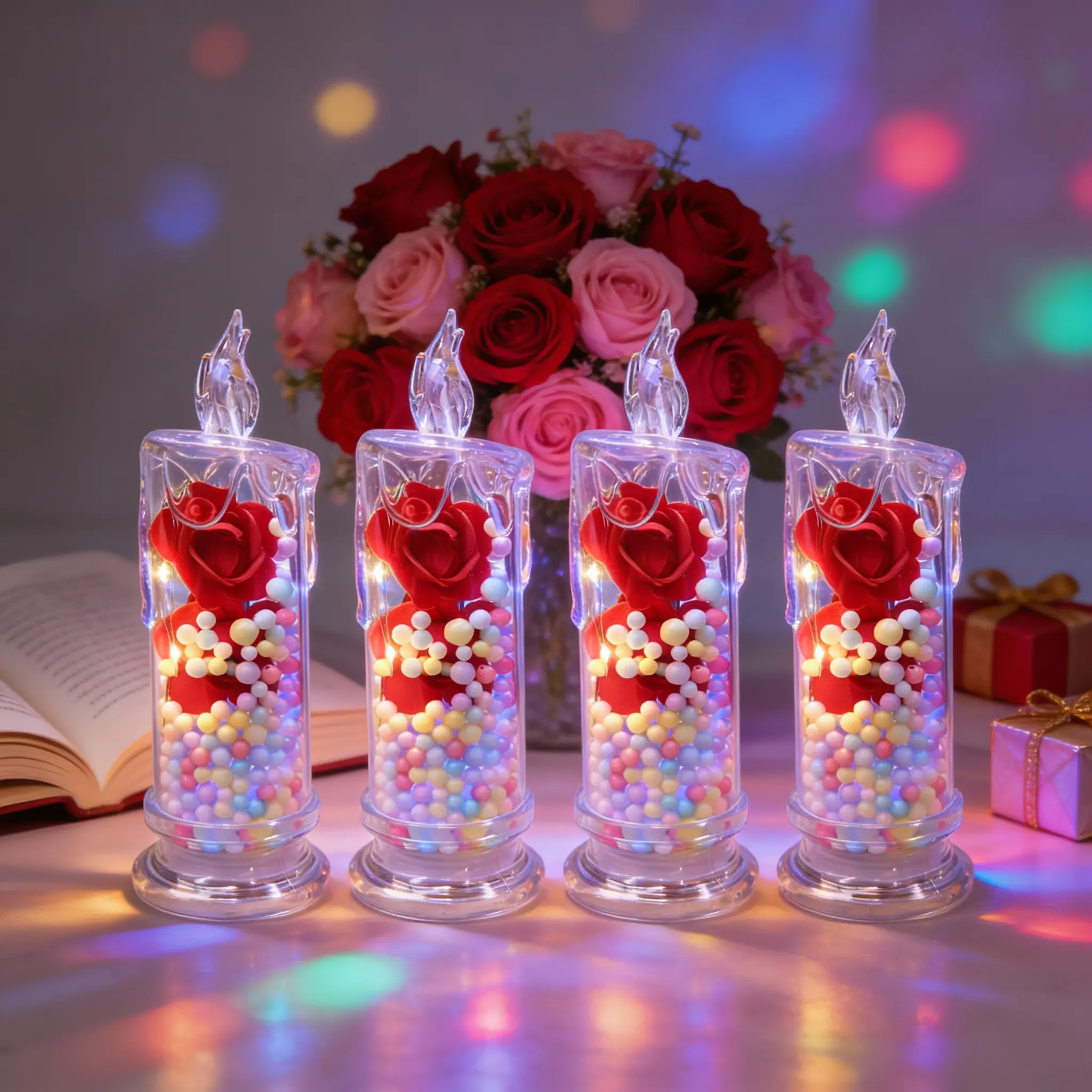 4-Pack Romantic Rose LED Decorative Lights - Festive Home & Party Decoration for Dinners, Camping Accent, Anniversary Gifting, Creates Romantic Vibe, Popular Gift for Her