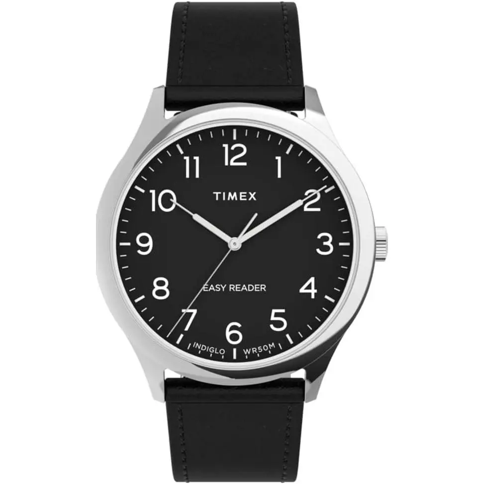 TIMEX Men's Easy Reader Classic Watch | 40mm Round Face with Luminescent Hands, Arabic Numerals, and Black Leather Strap, 50M/165 Feet