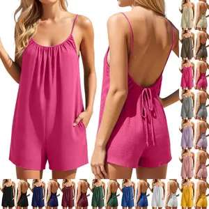 Women's Cute Backless Romper with Pockets Summer Casual Sleeveless Cami Short Jumpsuit Solid Color Tie Back Open Back Flowy Playsuit Loose Relaxed Fit One Piece Outfit Beach Vacation Holiday Loungewear Boho Resort Party Club Activewear Shorts Ladies