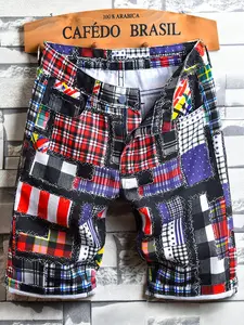 Men's Summer American Patchwork Plaid Denim Shorts, Streetwear Trendy Spliced Five-Quarter Casual Pants, Fitted Style