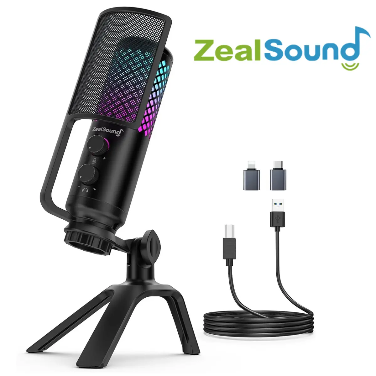 ZealSound USB Podcast Microphone with Type-C & Lightning Adapter- 96kHz/24bit USB Condenser Audio Mic for PC/Laptop, Smartphone, Mac with Noise Cancellation, Volume Control, Tap-to-Mute, Gain Control, 0-Latency Monitor, RGB Light, Game, Ideal Gift, ASMR,t