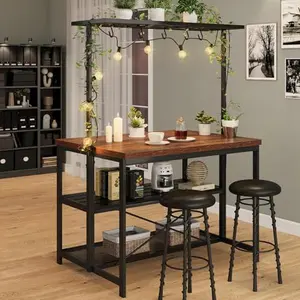 47.24×27.95×72.05 Inch Kitchen Island Table with Power Outlet, 3-Tier Bakers Rack Microwave Stand, Industrial Coffee Bar with Storage Shelf & Hooks