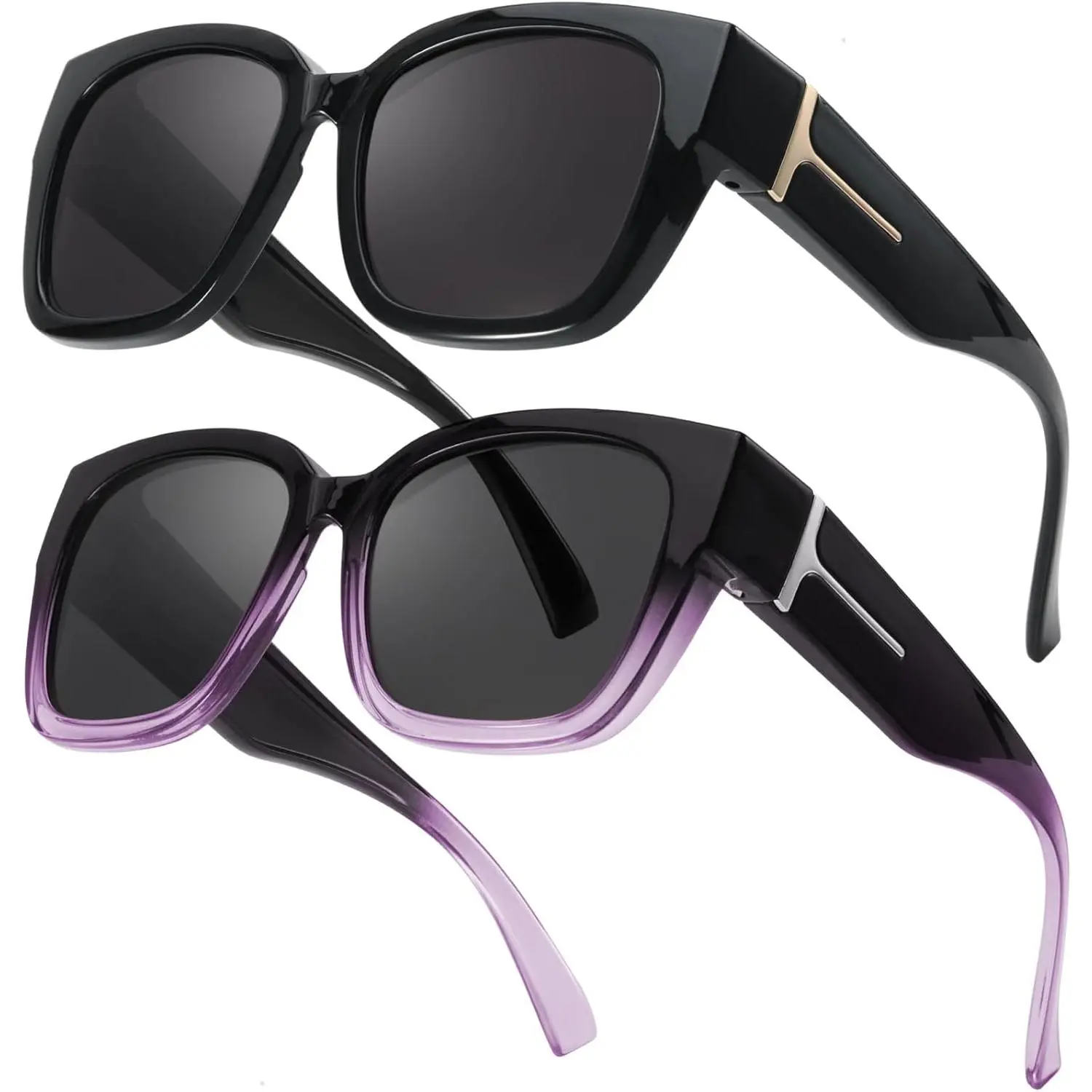 Women's FOS19 2-Pack Polarized Fit-Over Sunglasses, Oversized Square Overglasses with UV Protection, Stylish Shades, Fashionable Modern Trendy Frames for Men