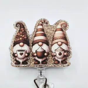 3 Cute Gnomes With Coffee and Hot Chocolate Glitter Acrylic Retractable Badge ID Reel Belt or Alligator Clip