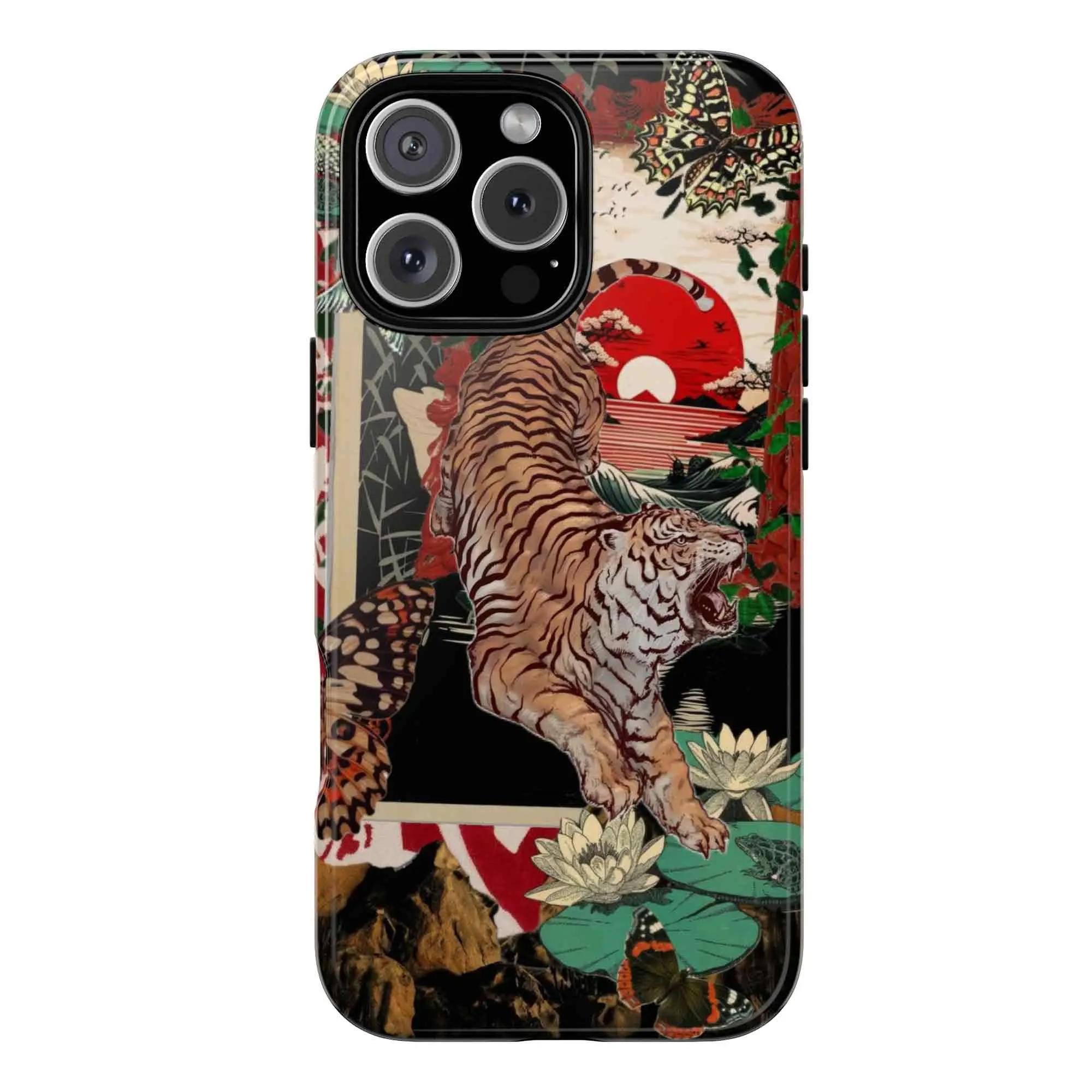 Vintage Chinese Tigers Phone Case for iPhone 17 16 15 14 13 12 11 – Cute Tiger Collage, Japanese Traditional Art Print & Big Cat Aesthetic Durable & Protective Cover Best Gift for Animal Lovers & Tiger Fans!