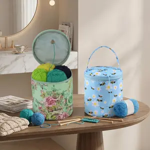 Portable Yarn Storage Bag Cylinder Crochet Hooks Holder Lightweight Printed Mini Knit Project Bucket Tote for Weaving Needle Tools