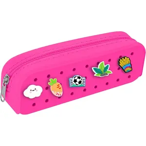 Silicone Small Pencil Pouch – Small Pencil Case with DIY Holes and 10 Decorative Charms, Multipurpose Makeup Bag or Stationery Organizer, Large Capacity(Hot Pink)