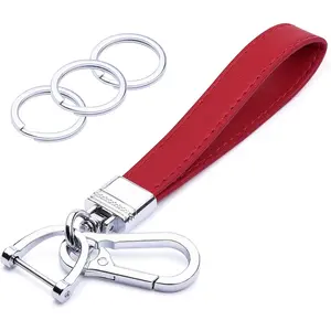 Genuine Leather Car Keychain, Universal Heavy Duty Leather Key Keychain Key Chains Women for Car Keys, 360 Degree Rotation, with Anti-lost D-ring and 3 Keyrings - Red