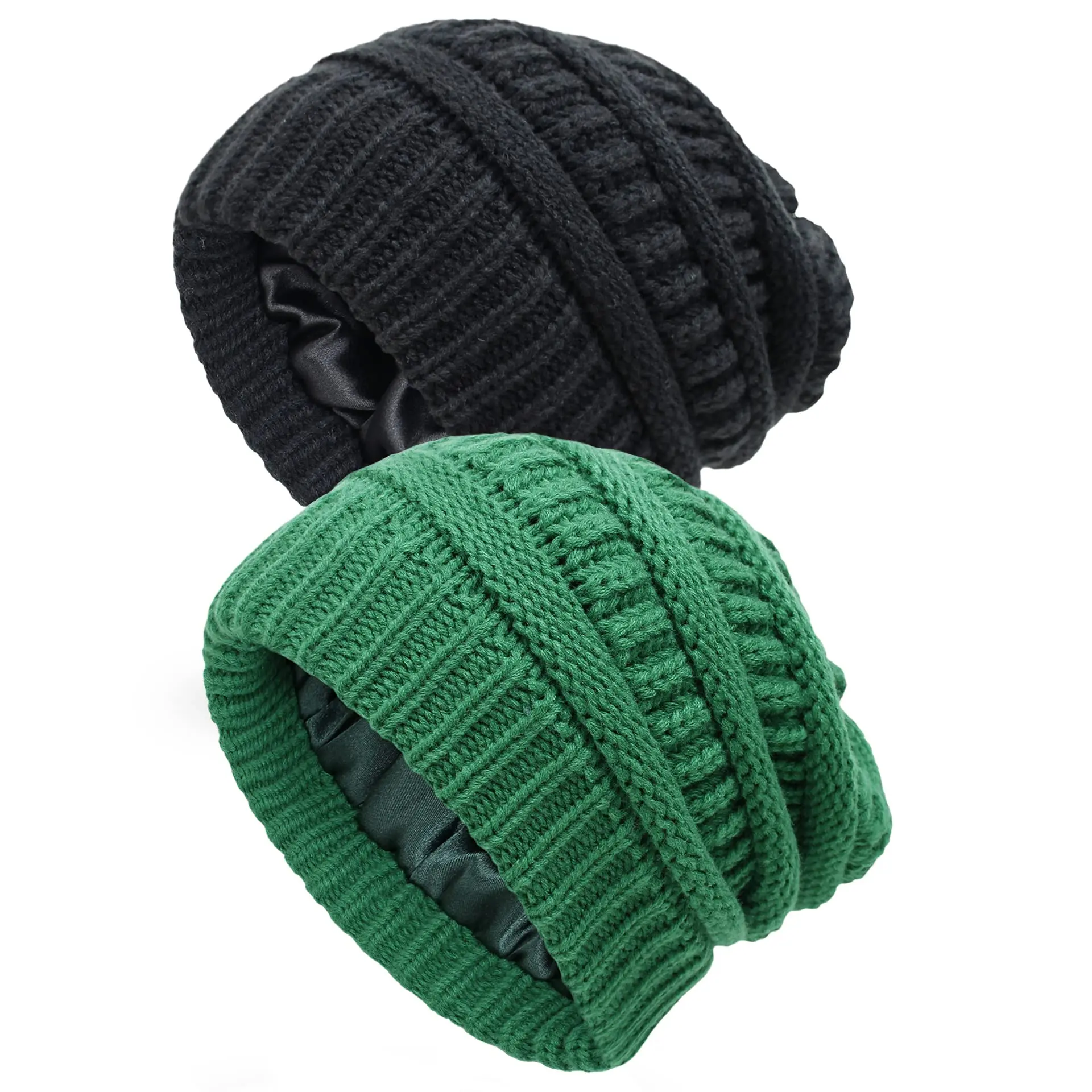 1Pack/2Pack Women's Satin Lined Winter Beanie - Chunky Cable Knit Skull Cap, Thick Warm Hat for Cold Weather, Stylish and Cozy Accessory