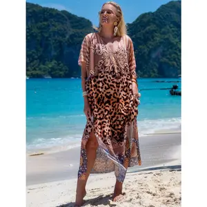 Women's Plus Size Casual Viscose Mumu Dress - Boho Batwing Sleeves, Side Slits, Long Caftan - Leopard Point - A3, Casual Wear
