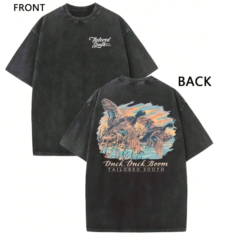 "Flying Duck" Double-Sided Print - Premium 230g Washed Vintage Wax-Dyed Cotton T-Shirt; Stylish & Casual Women's Short-Sleeve Crew Neck Tee.