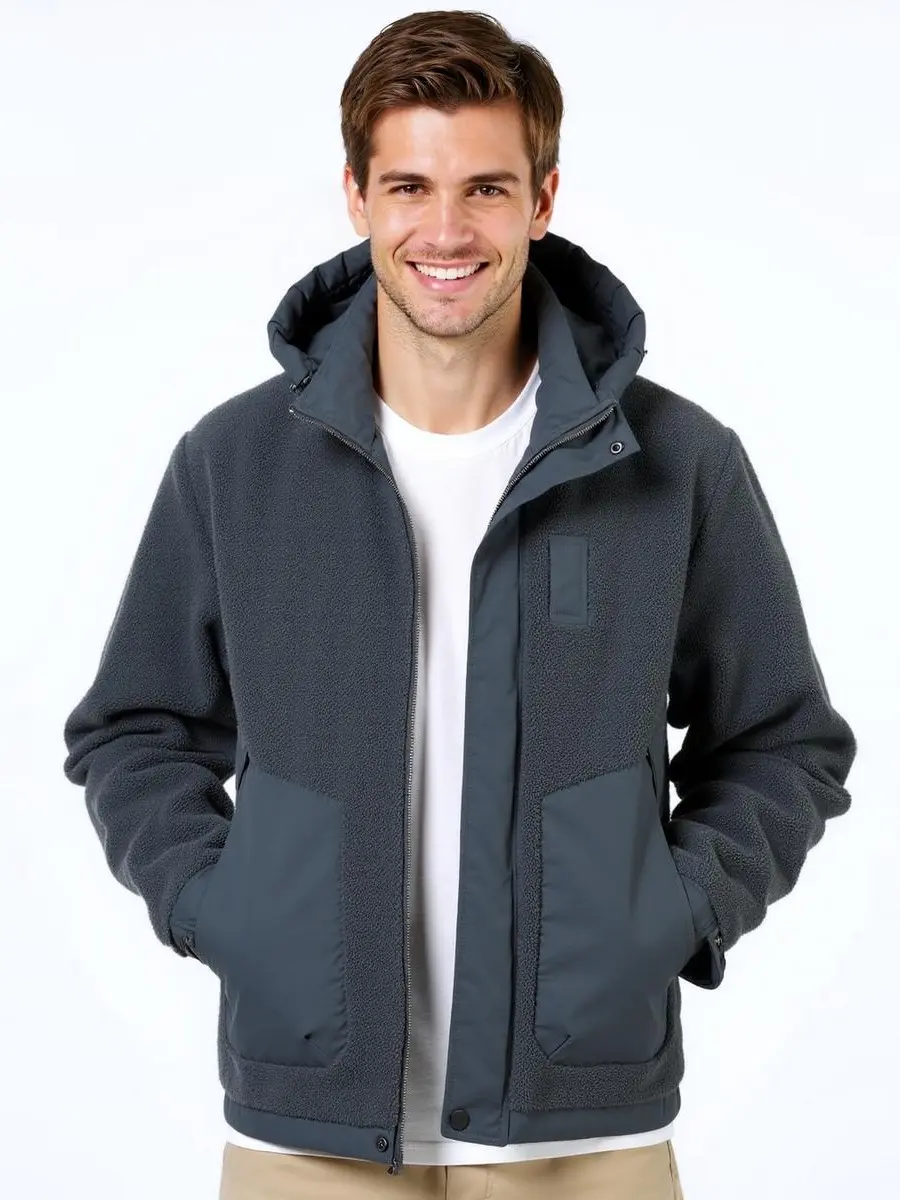 Men's Dark Grey Thick Smooth Plush Uniform Long Sleeve Outdoor Casual Mixed Fleece Woven Hooded Utility Coat - Windproof, Dual Storm Zip-Snap Front, Spacious Contrast-Fabric Hand Pockets, Wrinkle-Free Warm Layering Outerwear