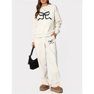 Women Pants Set, Bow Print Long Sleeve Crew Neck Hoodie and Sweatpants Set Activewear Set Fabric Womenswear Clothes Polyester Suits Pocket