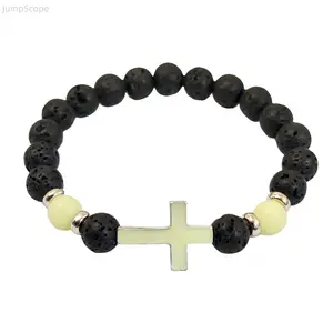 Luminous Cross Lava Stone Beaded Bracelet - Glow-in-the-Dark Volcanic Rock Elastic Religious Bracelet, 1 Size Daily Wear Jewelry for Men-Women