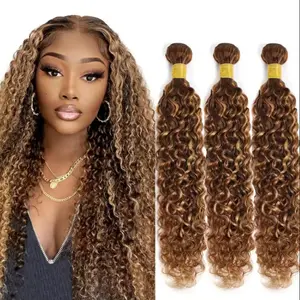 15A Human Hair Bundles Honey Blonde Water Wave Bundles Human Hair  100%  Unprocessed Brazilian Virgin Weave Bundles 1/3 Bundles P4/27 Highlights Human Hair Extensions Highlights Bundles for Women