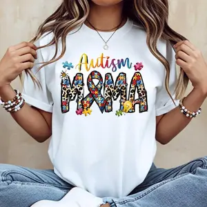 Autism Mom Puzzle Pieces and Ribbon Print T Shirt White Crewneck Casual Wear for Autism Awareness and Motherhood Support