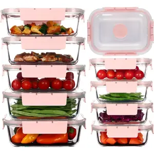 10-Pack Glass Meal Prep Set, Airtight Kitchen Food Storage with Snap-Locking Lids and Built-in Vents, Pink Lunch Containers, Dishwasher Safe