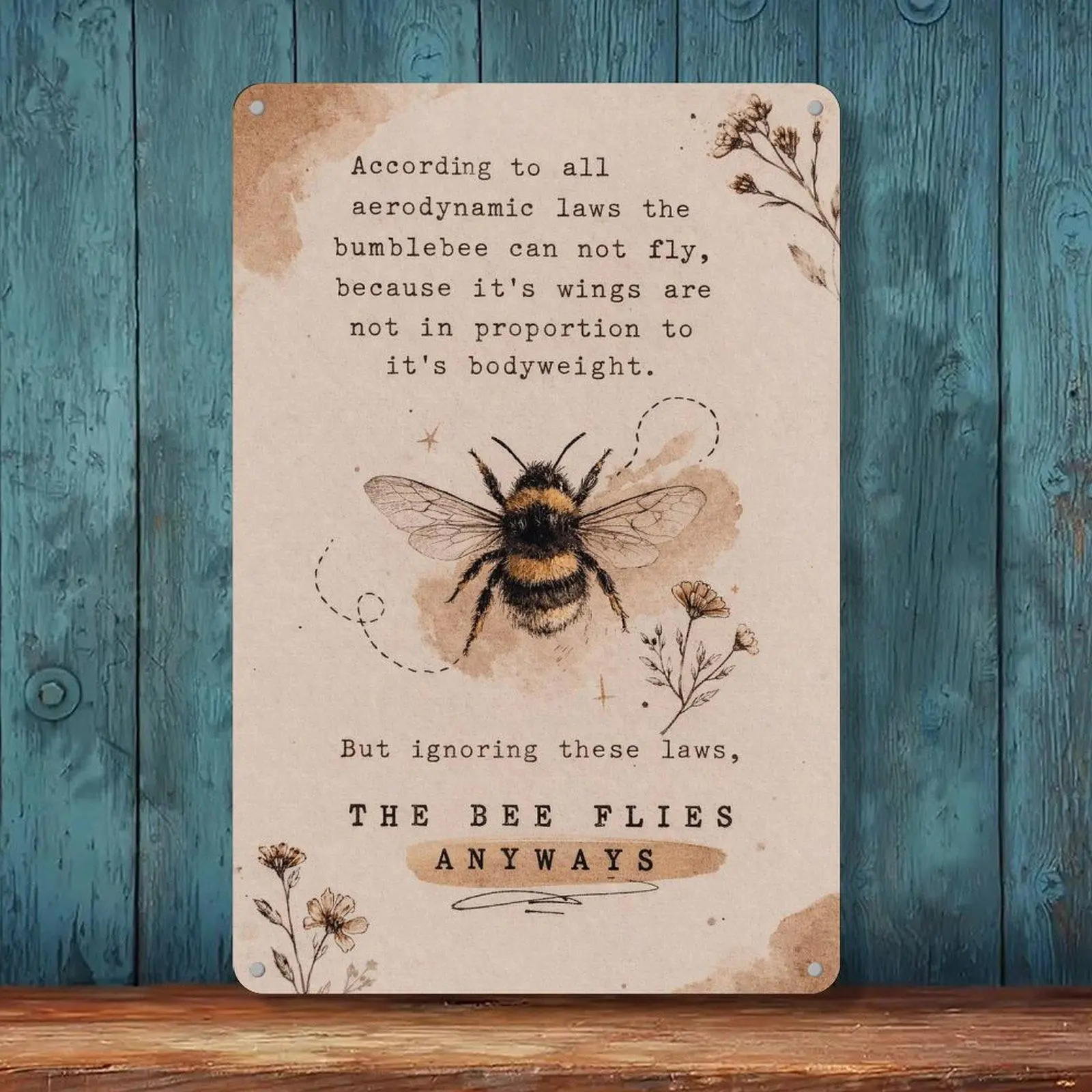 Retro Vintage Bee Art Iron Tin Sign with Inspirational Quote, 8x12in Botanical Bumblebee Home Office Wall Decor (Home Supplies Plaque), Metal Tin