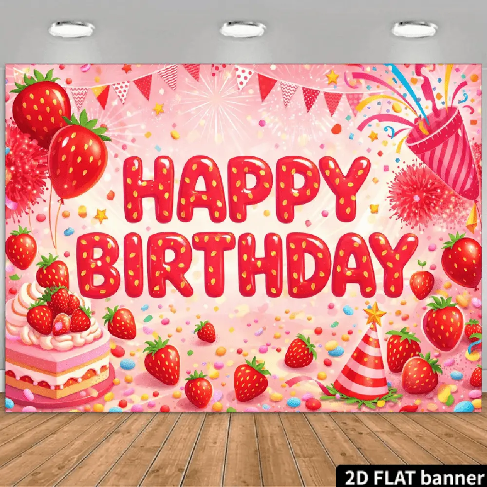 2D Flat Polyester HD Digital Printed Pink Strawberry Happy Birthday Backdrop - Soft, Lightweight, Foldable, Machine Washable Birthday-Themed Festive Backdrops & Banners for Celebrations, Birthday Party