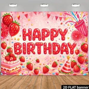2D Flat Banner Polyester Photography Backdrop, HD Digitally Printed Pink Strawberry Happy Birthday Theme Background Cloth, Soft Lightweight Foldable Machine Washable Photo Booth Decor for Birthday Parties, Celebrations, and Event