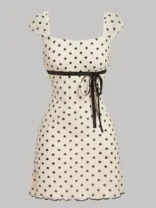 Women's Polka Dot Bow Tie Waist Slim Fit Short Dress, Vintage Elegant Square Neck Butterfly Knot Design, Perfect for Daily Wear & Tea Parties Ll168 Casual Wear