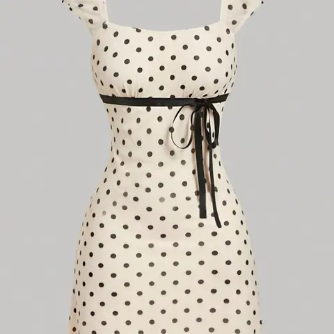Women's Polka Dot Bow Tie Waist Slim Fit Short Dress, Casual Chic Fitted, Vintage Elegant Square Neck Butterfly Knot Design, Perfect for Daily Wear & Tea Parties Ll168 Casual Wear Womenswear, Casual Fashion Dress