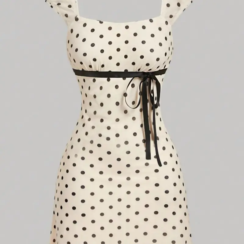 Women's Polka Dot Bow Tie Waist Slim Fit Short Dress, Casual Chic Fitted, Vintage Elegant Square Neck Butterfly Knot Design, Perfect for Daily Wear & Tea Parties Ll168 Casual Wear Womenswear, Casual Fashion Dress