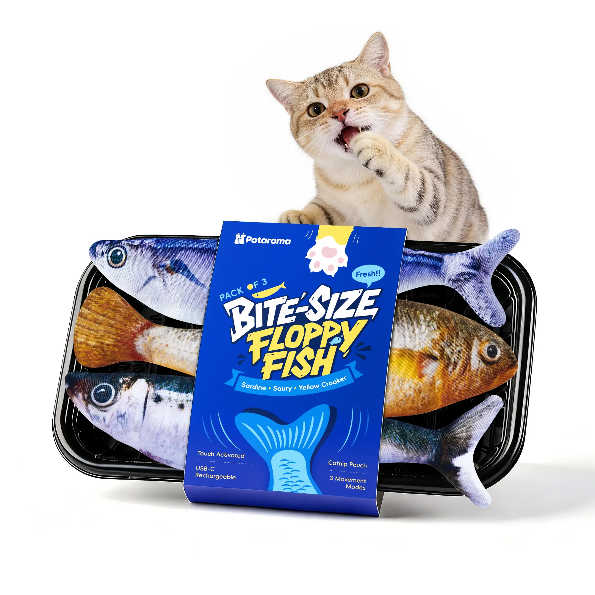 Potaroma 3-Pack Rechargeable Interactive Small Fish Shape Cat Toy - 7.1in Durable Detachable Chew Toy, Auto Motion with 3 Flapping Modes, Sardine/Saury/Yellow Croaker Plush, Boosts Strength & Agility, Thanksgiving Ideal