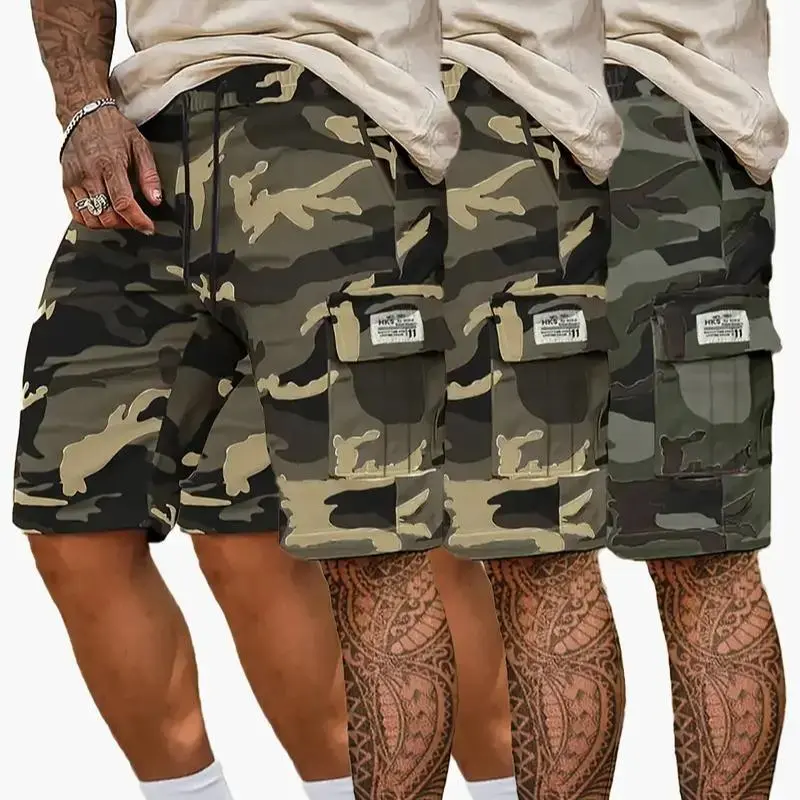 Men’s camouflage twill 3-piece shorts set with multiple pockets, casual outdoor street fashion style, knee-length shorts suitable for everyday wear; a summer wardrobe essential.
