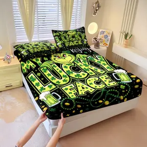 Whimsical Grinch Folk Art Printed Fitted Sheet Set, Includes 1 Fitted Sheet & 2 Pillowcases without Filler, Black base with lucky text & Grinch, funny, timeless, soft and skin-friendly.