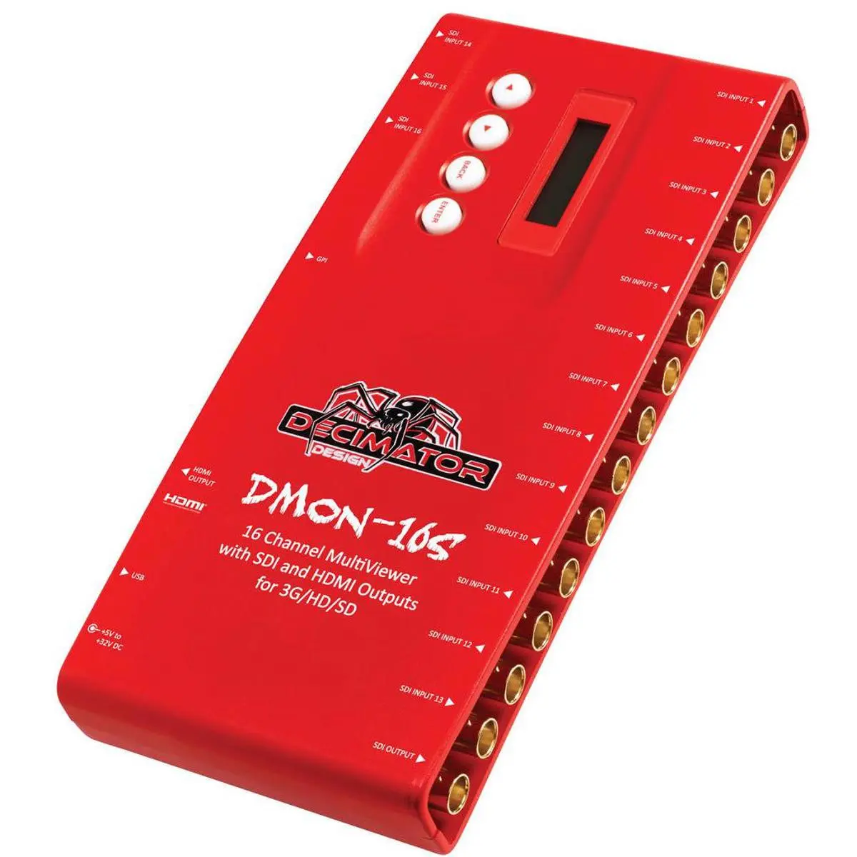 Decimator DMON-16S 16-Channel Multi-Viewer with SDI & HDMI Outputs, Audio Support, USB Port, Control Button, LCD Display for 3G/HD/SD Signals & Custom Layouts