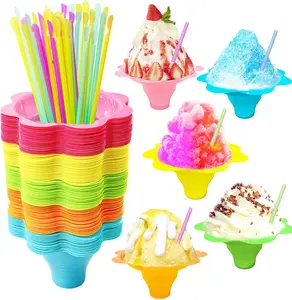 Szsrcywd 200Pcs 4Oz Colorful Snow Cone Cups with Spoon Straws,Flower Shaped Ice Cream Snacks Cup Reusable Plastic Bowls Easy Grip for Kids Birthday Summer Holiday Party