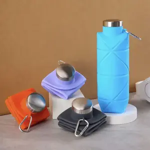 Diamond Textured Foldable Silicone Water Bottle, Portable Easy-Clean Travel Bottle with Stainless Steel Lid, Drop Resistant for Outdoor Use