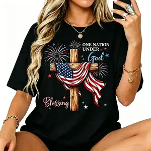 American Flag Cotton T-shirt One Nation Under God Blessing Women Men 4th Of July Firework USA Patriotic Tee