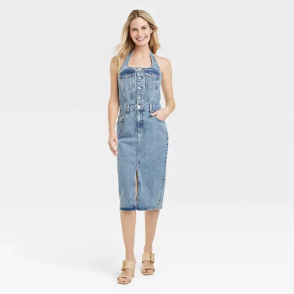 Universal Thread Women's Cotton Fabric Sleeveless Denim Midi Dress - Halter Neckline, Front Button-Down, Adjustable Strap, Hidden Zipper - Casual Summer Wear
