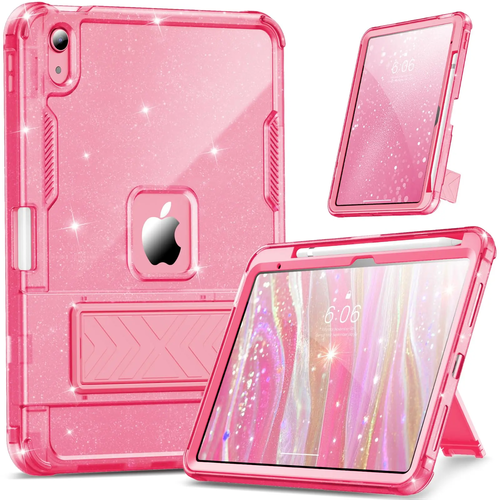 INFILAND Case for iPad A16 11 inch 11th Generation,iPad 10th Generation Case 10.9 Inch Glitter Semi-Transparent, Shockproof Protective Cute Cover with Stand, Pencil Holder for Girls, Women