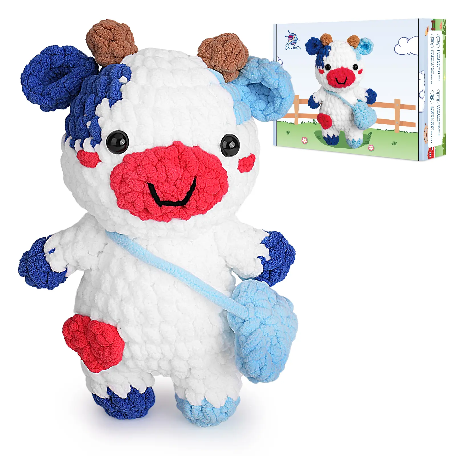 Crochetta Crochet Animal DIY Kit for Beginners, Knitting Starter Pack with Step-by-Step Video Tutorials, Jumbo Cow Plushie, Chunky Yarn, 40% Extra Yarn Per Color & Crochet Hooks (Adults/Kids)