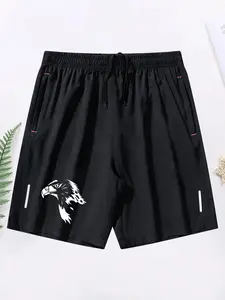 【More Prints, More Choices, More Fun】Men's Solid Color Gym Shorts, American Eagle Print Design, Elastic Waist with Drawstring, Zipper Pockets, Reflective Strips, Gym Running Outdoor