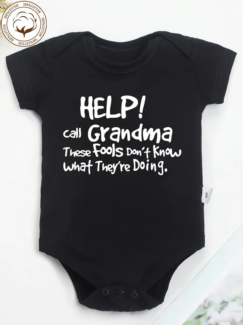 Cotton Youngsters Onesie - Funny "Help! Call Grandma" Letter Print, Soft & Comfortable Round Neck Romper for Youngsters, Summer Bodysuit