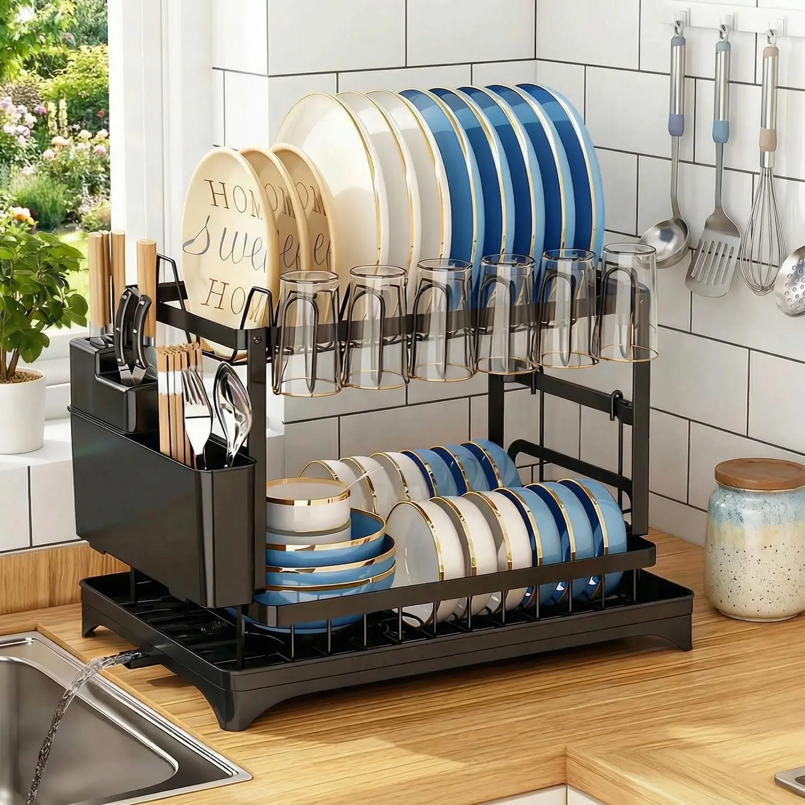 2-Tier Carbon Steel Freestanding Dish Drying Bowl Rack with Drainboard, Daily Kitchen Organizer with Cutlery Storage, Utensil & Cup Holders, Rustproof Countertop Sink Holder