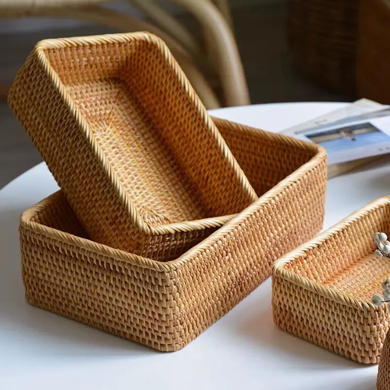 Rectangular Rattan Storage Basket, Lightweight Household Organiser with Shelf Compatibility, Decorative for Kitchen & Home Use, Room Decor